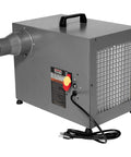 Shop Ready Benchtop Metalworking Dust Collector Featuring Non Sparking Aluminum Housing and Fan Driven by a Zippy 1 3 Hp 115V Motor side view with hose attachment.