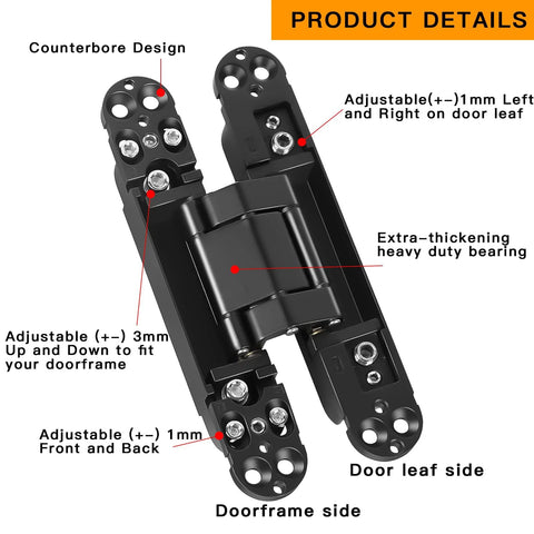 Hidden Door Hinges Pack Of 2, 6 Inch, Upgraded Invisible Concealed Hinge System, Heavy Duty 180 Degree Out Swing, black, door leaf view