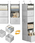 Versatile Six Shelf Hanging Closet Organizer With Split Shelf Design And Three Removable Drawers For Ultimate Flexibility Plus Four Mesh Storage Pockets displayed with folded clothes and stuffed toys.