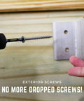 Velocity Exterior 1 1/2 Wood Screws DIY Pack (Size #8) with Stick Tight Technology being used to attach metal bracket to wood.