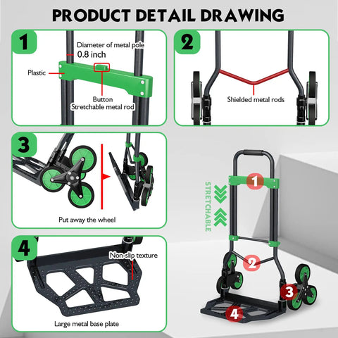 Built Tough Heavy Duty Hand Truck With Stair Climbing Wheels And One Touch Retractable Handle showing green rod and wheels