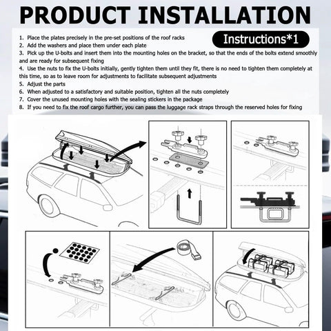 Illustrated instructions for 4 Pcs U Bolt Roof Rack Mounting Brackets Kit For Cars, showing steps to secure roof boxes and hardware.