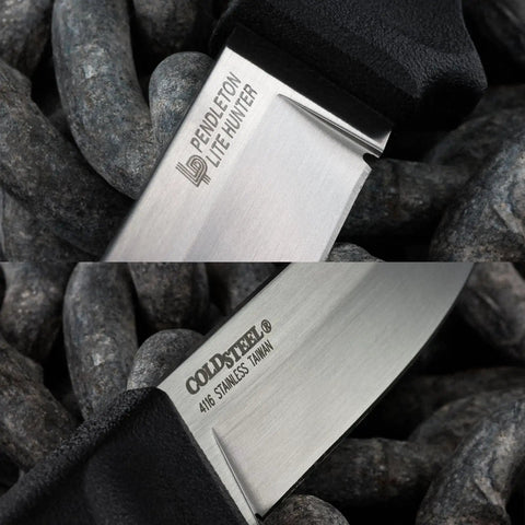 Close-up of Pendleton Lite Hunter Fixed Blade Knife, 3.625-Inch Drop Point, German 4116 Stainless Steel blade with logos.