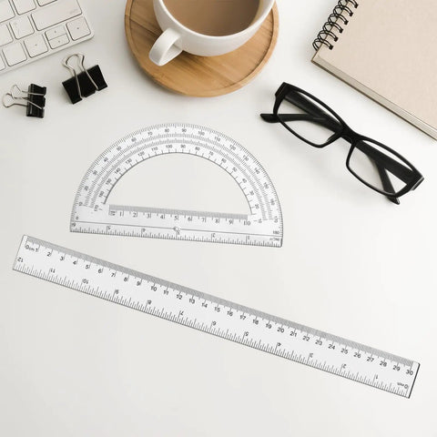 Workspace with Two Pack 12 Inch Ruler And 6 Inch Clear Protractor Set For Math And Geometry, Transparent Plastic Ruler Protractor Combo