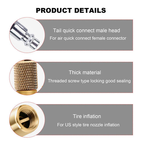 Heavy Duty Brass Air Nozzle With Quick Connector details showing male head, thick material, and tire inflation features