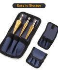 Step Drill Bit Set Three Piece HSS Titanium Coated High Speed Steel Bits With Twenty Eight Sizes in portable case.