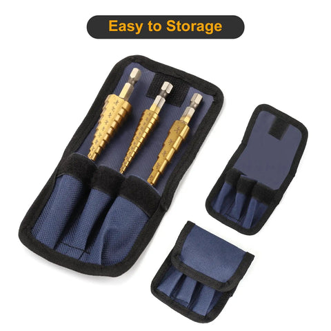 Step Drill Bit Set Three Piece HSS Titanium Coated High Speed Steel Bits With Twenty Eight Sizes in portable case.