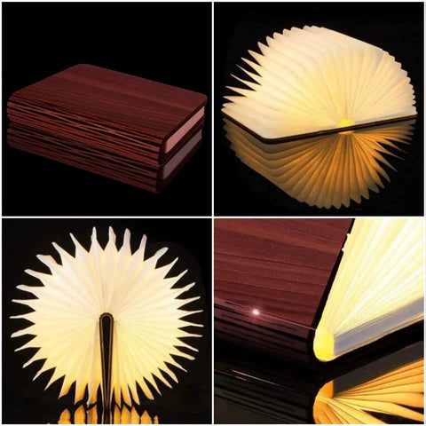 Wooden Book Light Foldable Reading Lamp With 3 Color LED Bookish Glow That Hits Portable Paper Shade Book Decor For Home Or Travel Cozy Gift For Readers Women Friends Birthday And Christmas, showing various folded and illuminated states.