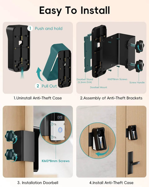 Step-by-step guide showing Anti-Theft Video Doorbell Mount No-Drill Install For Homes, Apartments, And Businesses Tamper-Proof.