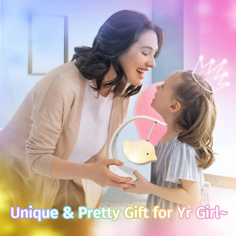 Child receiving Bird Shaped Kids Night Light With Bluetooth Speaker And 16 Color Options Rechargeable Cordless Sleep Sound Machine For Nursery