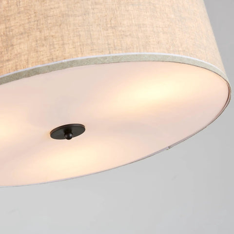 Underside view of Beige Drum Pendant Chandelier For Dining Room, Farmhouse Style With White Linen Shade, Cozy Modern Rustic Warm Glow