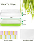 Kit contents showing 12.8in green seed sprouter tray with lid, label stickers, and planting papers. 12 Pack Green Seed Sprouter Trays With Lid For Soil Free Germination Indoors Outdoors No Fuss Fodder Sprouting Nursery Trays With Planting Paper And Labels Complete Easy Seed Start Kit visible.