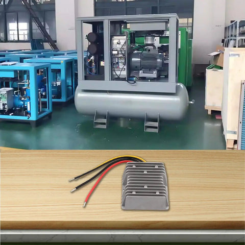 Heavy DC To DC Step Up Converter Boosts 12V Or 24V Straight To 48V Output At 5A IP68 Waterproof with wires on a countertop.