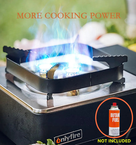 Portable Butane Gas Stove With Carrying Case For Outdoor Cooking Electric Ignition Precise Heat Control Great For Camping Hiking RV Trips Tailgating Patio Grilling And Emergency Use shown with an open flame.