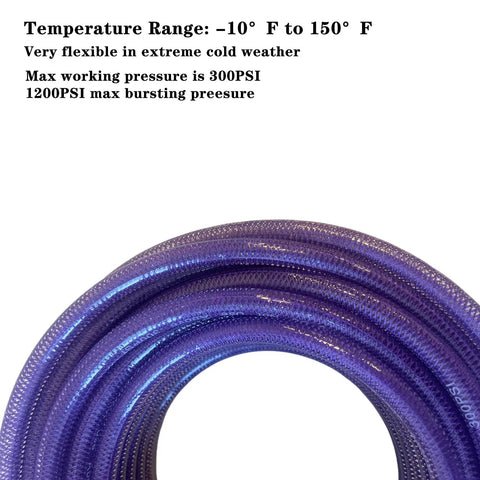 100 Ft 1/4 Inch Purple Air Compressor Hose Crafted From Flex Reinforced Polyurethane that bends easily, showing flexibility and pressure ratings.