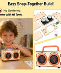 Boy assembling Build Your Own Bluetooth Speaker Kit For Kids And Teens No Soldering Required Easy Cool Hands On Wooden Electronics Building Set