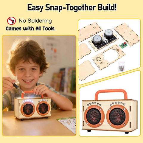 Boy assembling Build Your Own Bluetooth Speaker Kit For Kids And Teens No Soldering Required Easy Cool Hands On Wooden Electronics Building Set