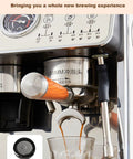 Built To Last Stainless Steel Espresso Machine With Integrated Burr Grinder, 25 Bar Pump Pressure, Auto Milk Frother, And Roomy Water Tank pouring coffee