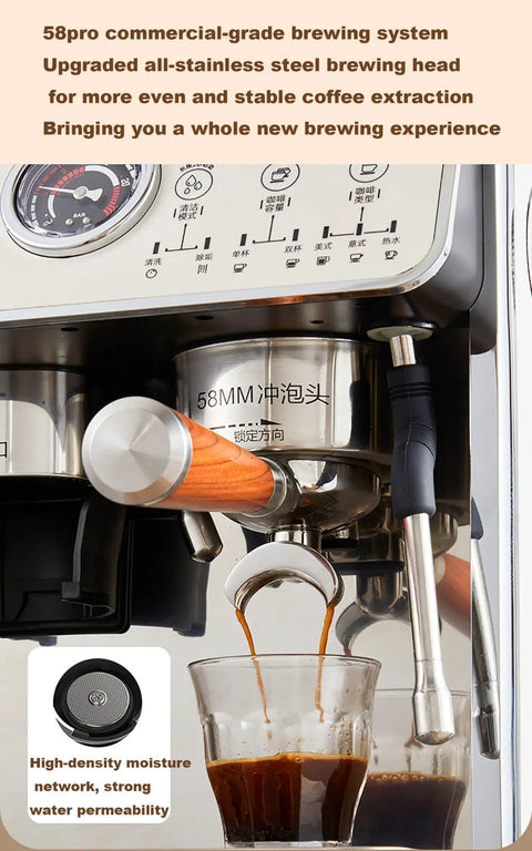 Heavy Duty 25 Bar Semi Automatic Espresso Maker With Integrated Burr Grinder And Adjustable Steam Wand For Silky Lattes Bold Cappuccinos And Straight Up Barista Vibes At Home brewing shot being poured from 58mm stainless steel group head.