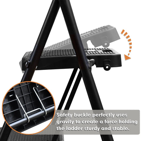 Close-up of Heavy Duty 2 Step Folding Ladder With 500 Lb Capacity Anti Slip Wide Pedals showing secure lock buckle detail