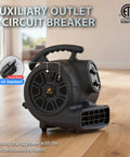High Velocity 1100 CFM Industrial Air Mover Blower Fan with auxiliary outlet for rapid water damage drying on a wooden floor.