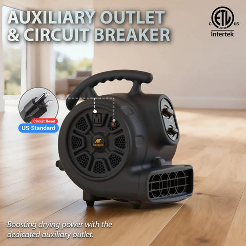 High Velocity 1100 CFM Industrial Air Mover Blower Fan with auxiliary outlet for rapid water damage drying on a wooden floor.