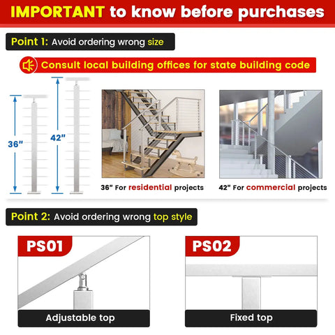 Cable Railing Post 36 Inch Square 2x2 Brushed Finish Top Mount End Post For Wood And Concrete Deck Stairs Single Drilled Design in size comparison guide.
