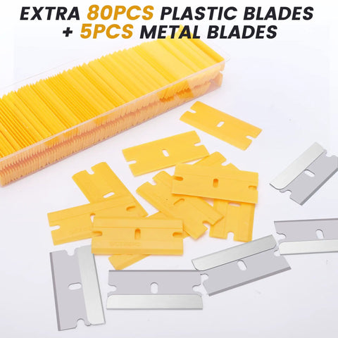 All In One Razor Blade Scraper Tool Set 2 Piece With 20 Replacement Blades showing plastic and metal blades in box