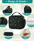 Green Lightning Bolts Insulated Lunch Bag For Kids, Women, And Men, Portable Cooler Tote With Shoulder Straps, Thermal Retention Aluminum Foil Lining, Spacious Main Compartment, Side Mesh Pockets, Ideal Office, Travel, School. Black polyester lunch bag with green lightning print, mesh pockets, buckle handle, and easy-clean lining
