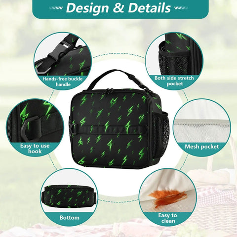 Green Lightning Bolts Insulated Lunch Bag For Kids, Women, And Men, Portable Cooler Tote With Shoulder Straps, Thermal Retention Aluminum Foil Lining, Spacious Main Compartment, Side Mesh Pockets, Ideal Office, Travel, School. Black polyester lunch bag with green lightning print, mesh pockets, buckle handle, and easy-clean lining