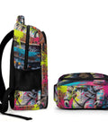Graffiti Alley Spaceman Printed Backpack for Everyday Use, side and front views, durable polyester, smooth zipper, large capacity