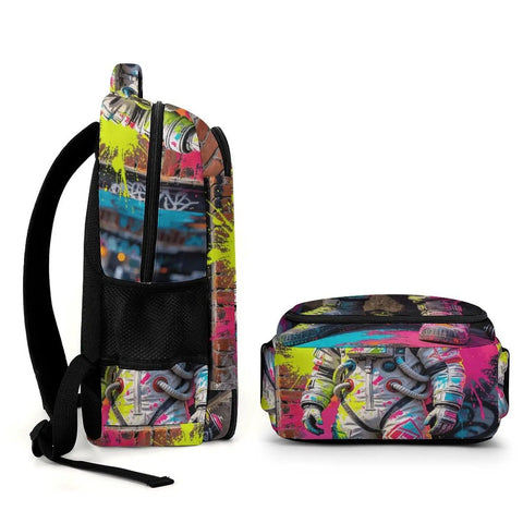 Graffiti Alley Spaceman Printed Backpack for Everyday Use, side and front views, durable polyester, smooth zipper, large capacity