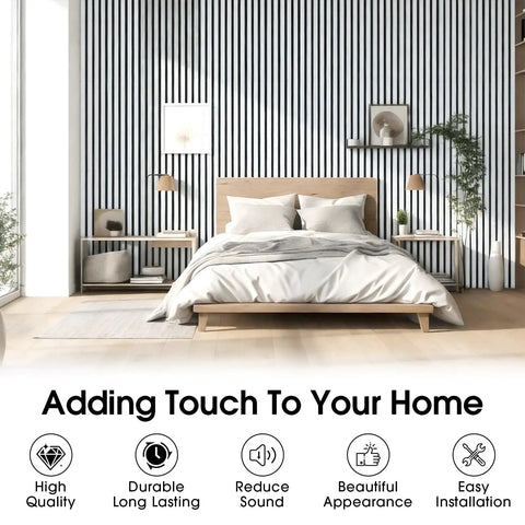 Premium Wood Slat Acoustic Panels Feature Heavy Duty Sound Absorption Tech Ideal For Epic Gaming Room Accent Walls And Home Theater Backdrops Available In Clean White Marble Finish To Hella Level Up Your Space on a stylish wall behind a bed.