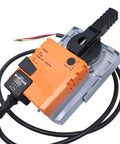 Top Shelf 10 Nm Rotary Actuator For Ventilation Ducts With Sick Valve Adjustment Manual Override Plug And Play 24 Volt AC DC Motor mounted on a gray base.