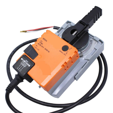 Top Shelf 10 Nm Rotary Actuator For Ventilation Ducts With Sick Valve Adjustment Manual Override Plug And Play 24 Volt AC DC Motor mounted on a gray base.