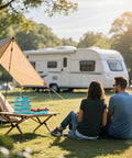 Outdoor camping scene with a tent, RV, and stacked 8 Piece Silicone Collapsible Food Storage Bowls With Lids in four sizes on a table