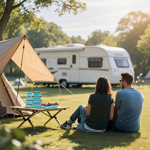 Outdoor camping scene with a tent, RV, and stacked 8 Piece Silicone Collapsible Food Storage Bowls With Lids in four sizes on a table