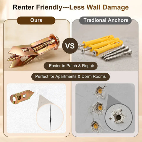 Comparison of 140 Piece Heavy Duty Metal Drywall Anchors And Screws Kit with traditional anchors showing less wall damage.