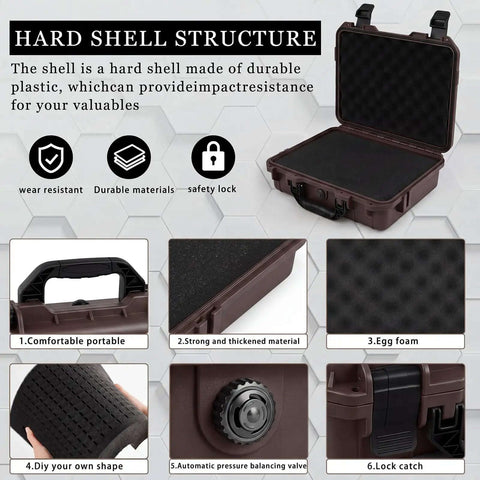 Kickass Heavy Duty Waterproof Hard Case With Custom Foam Insert And Foam Cutting Knife For Bulletproof Tool Storage and  open view of brown hard shell.