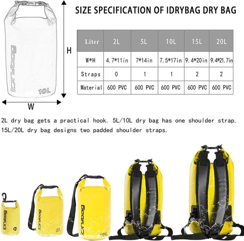 Totally Waterproof Dry Bag For Kayaking And Boating, Heavy Duty Dry Sack In 2L 5L 10L 15L 20L Sizes, PVC material shown in yellow.