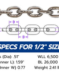 1/2 Inch G43 ISO AISI 316 Marine Grade Stainless Steel Anchor Chain With Mirror Polished Finish 300 Ft Saltwater Ready Specs