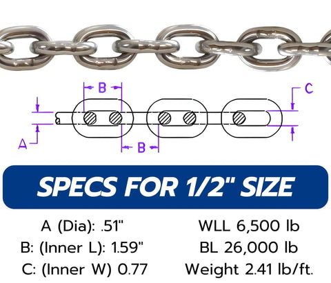 1/2 Inch G43 ISO AISI 316 Marine Grade Stainless Steel Anchor Chain With Mirror Polished Finish 300 Ft Saltwater Ready Specs