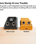 Comparison of two pocket hole jig kits, showing drill guides from another brand and MulWark's on a wooden surface.