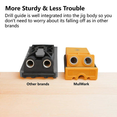 Comparison of two pocket hole jig kits, showing drill guides from another brand and MulWark's on a wooden surface.