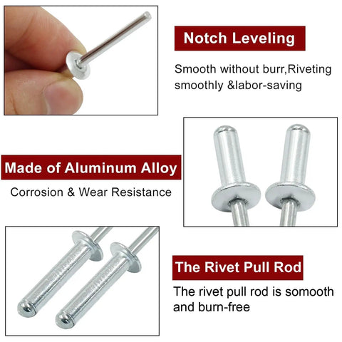 Close-up of 100 Pcs Aluminum Blind Rivets Dome Head Pop Rivets Three Sixteenths Inch By One Inch for metal work usage details.
