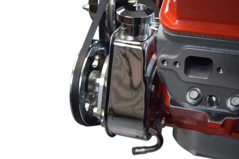 SBC Power Steering Pump Bracket In Billet Aluminum, Low Driver Side Mount With Slotted Arm To Tension, Fits 350 Small Block Chevy