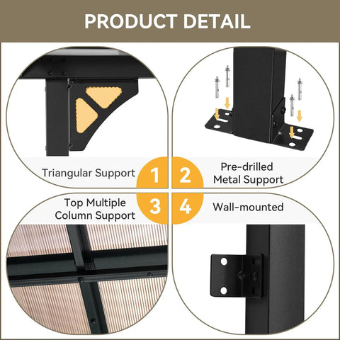 Close-up of supports illustrating features of 8x10 foot wall mounted gazebo pergola for patio deck backyard heavy duty outdoor shelter.