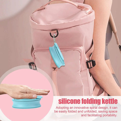 Foldable Silicone Water Bottle For Travel And Gym attached to pink backpack, showcasing compact design for on-the-go use.