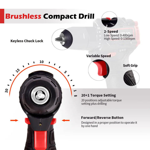 Lightweight Brushless 12V Cordless Drill Kit With 310 Inlb Torque, Twenty Plus One Clutch, keyless chuck, detailed features