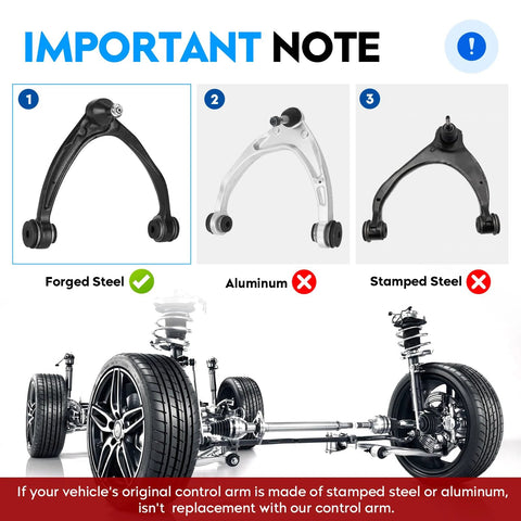 Comparison of forged steel, aluminum, stamped steel control arms for Front Upper Control Arm With Ball Joint Assemblies Forged Steel For Escalade 07-14 And Chevy Avalanche Silverado Suburban Tahoe GMC Sierra Yukon Heavy Duty Front Suspension Kit Replaces K80669 K80670 Left And Right, with vehicle suspension diagram.